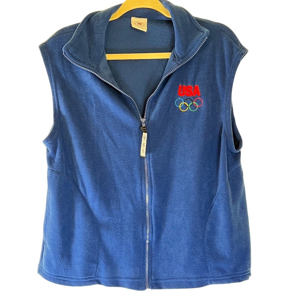 Vintage USA Olympic‎ Fleece Vest Blue Zip Front Embroidered Rings USA